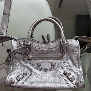 BALENCIAGA mini city bag, metallic silver